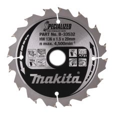 Makita pyörösahanterä 136mm 16-hampainen 20mm reikä puulle B-33532/B-10643

